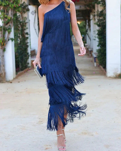 Elegant one-shoulder design fringe long midi dress
