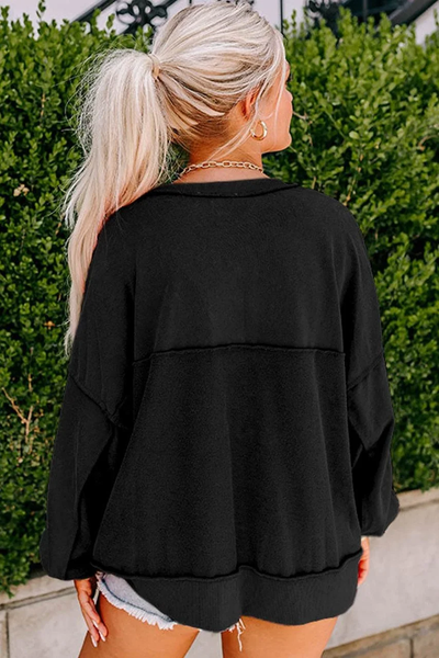 Carmen Women's Black Drop Shoulder Henley Button Down Sweatshirt