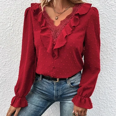 Micaela Boho Blouse with Swiss Polka Dots and Ruffled Lace