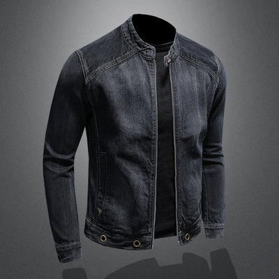 Dark Blue Denim Jacket with Stand-Up Collar and Zipper - Retro Style for Men