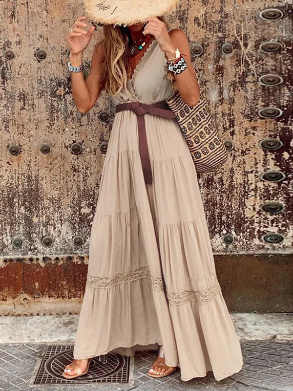 Micaela - New French Style High Waist V Neck Stitching Mid Length Maxi Dress