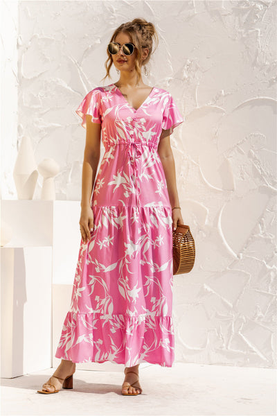 Gianna - Floral Print V-Neck Short Sleeve Lace-Up Button Down Maxi Dress Spring Summer