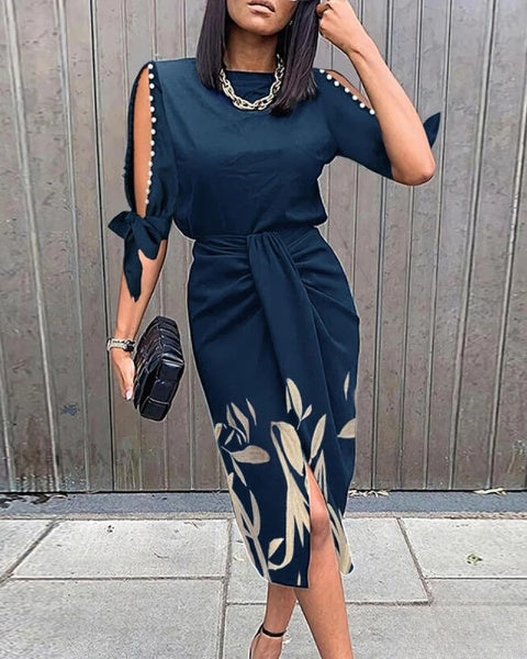 Selena - Pearl-embellished knotted work dress with a botanical-inspired print