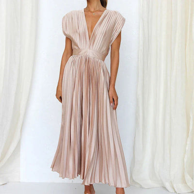 Pleated midi dress with a V-neckline and elegant short sleeves
