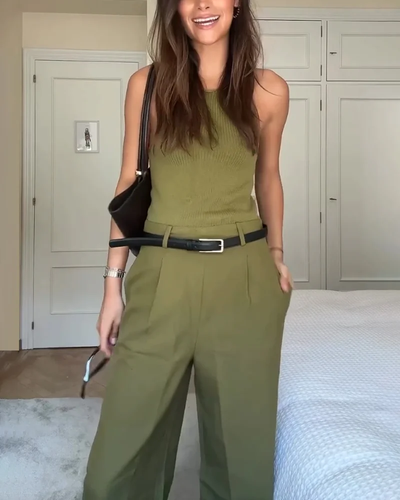 Women's two-piece set with sleeveless top and classic wide-leg pants