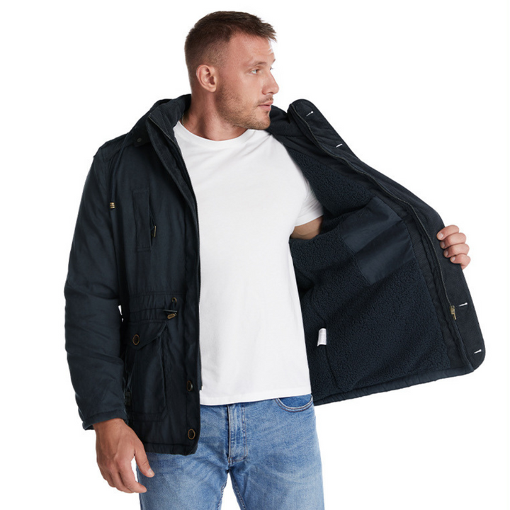 Warm and stylish men's jacket with deep hood