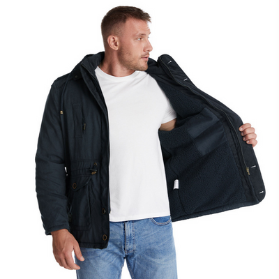 Warm and stylish men's jacket with deep hood