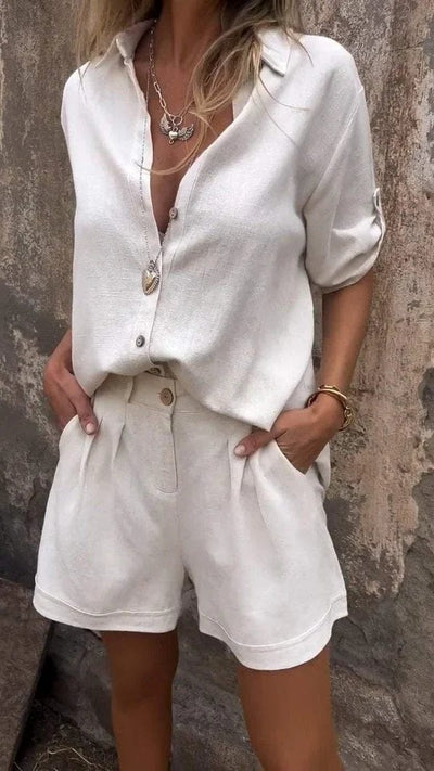 Lightweight summer set with short-sleeved shirt and button-down shorts