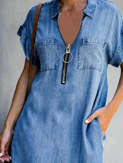 Claudia - Casual Lapel Neck Half Zip Short Sleeve Loose Midi Dress