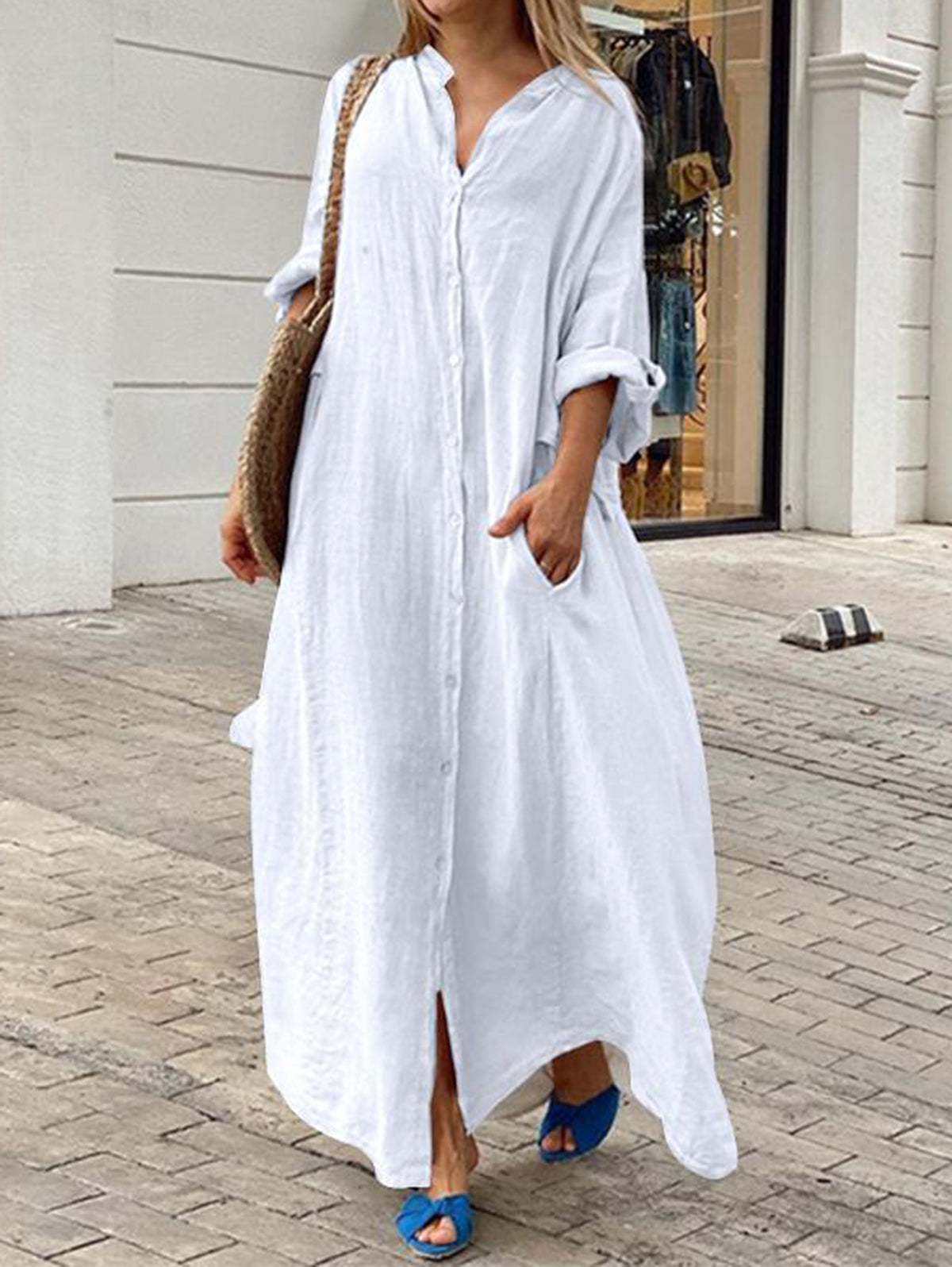 Karla - Loose Casual Plain Single Breasted Long Sleeve Pocket Pocket Maxi Dress
