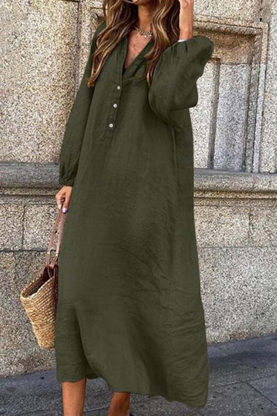 Monica - Button Down V-Neck Long Sleeve Solid Color Linen Cotton Jumpsuit