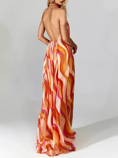 Elegant halterneck summer maxi dress with wave print