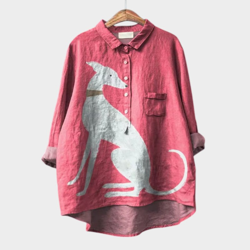 Loose-fitting blouse with partial buttons and a fun dog print