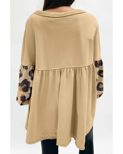 Khaki Leopard Print Long Sleeve Sweater - Animal Style Fashion