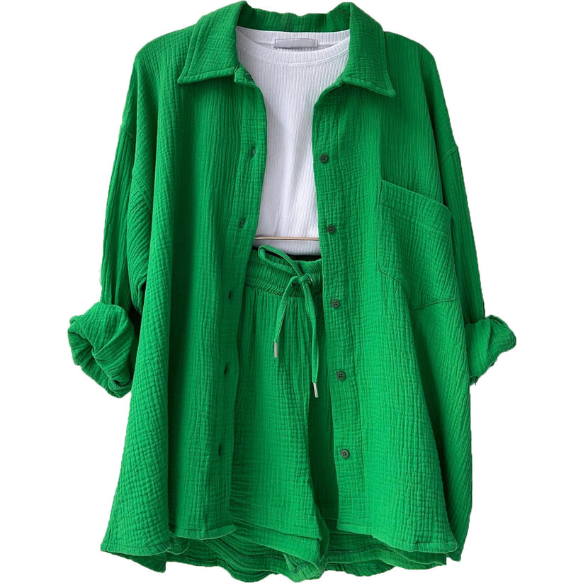 Women's summer set of flowing button-down shirt and matching shorts