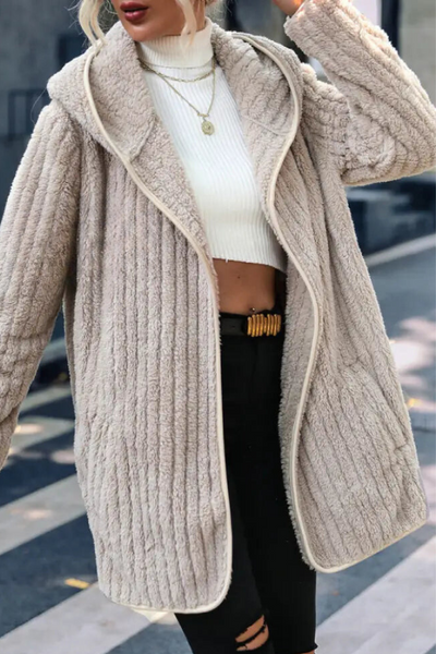 Light Brown Casual Hooded Drawstring Jacket - Solid Patch Design for Urban Style