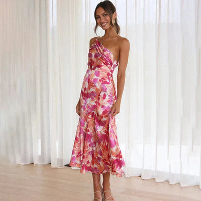 Floral print midi dress with asymmetrical one-shoulder design
