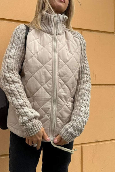 Women's casual solid color zipper jacket with contrast patchwork