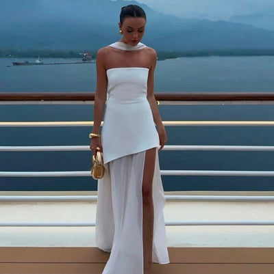 Elegant long dress with open back and scarf collar