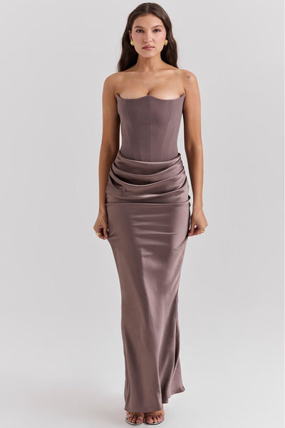 Strapless corset design evening dress with delicate pleats