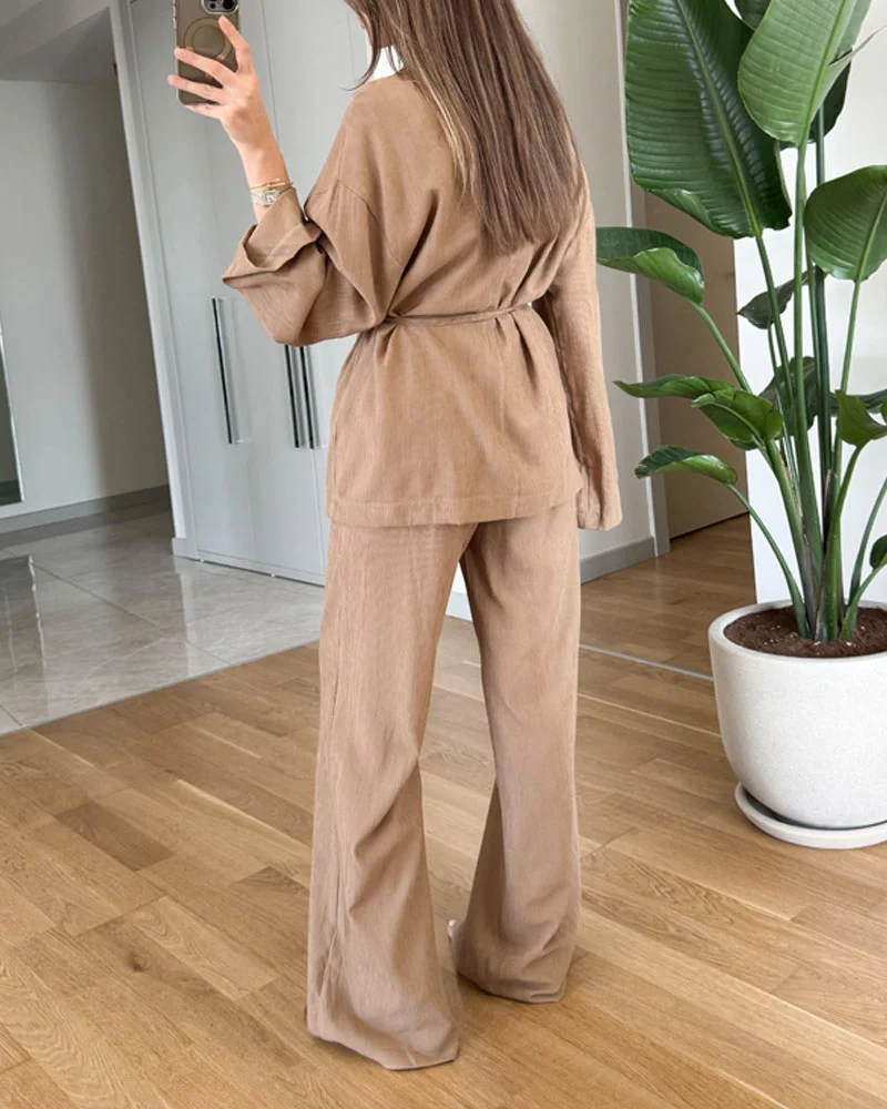 Casual two-piece set with solid color lapel top and pants