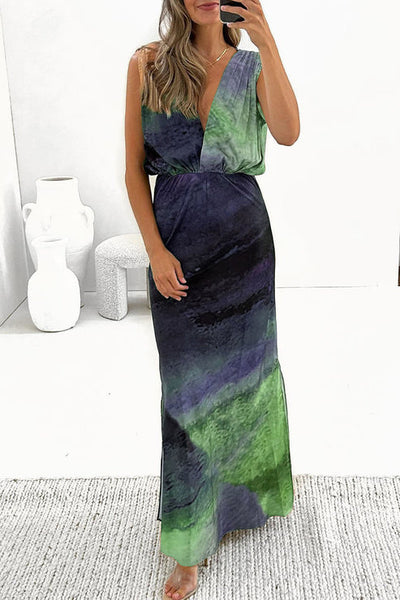 Batik A-line casual party dresses with backless V-neckline