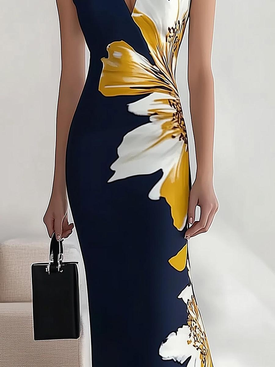Elegant floral print sleeveless long dress ideal for special occasions
