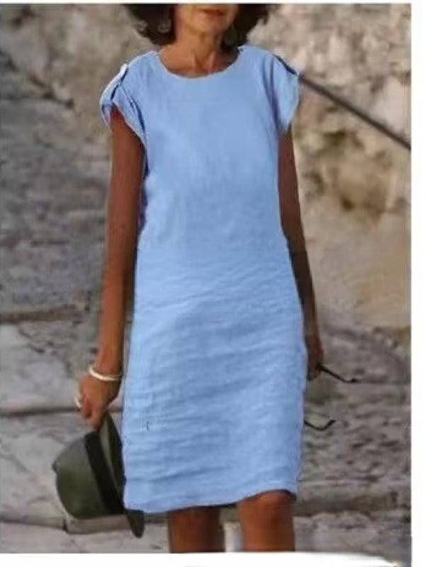 Fanny - Women's Multicolor Cotton Linen Sleeveless Round Neck Mid-Length Dress
