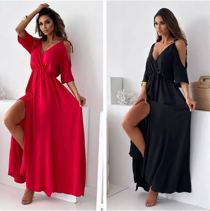 Elegant long dress with a crossover neckline and flowing side slit