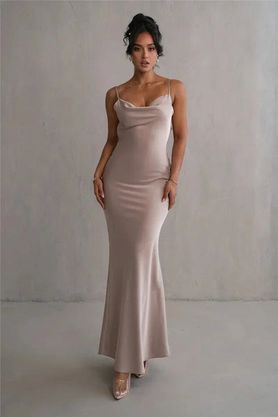 Elegant long evening dress for women with open back and sophisticated design