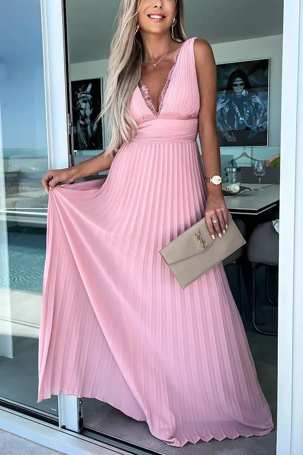 Elegant long dress with pleated V-neckline and lace detail