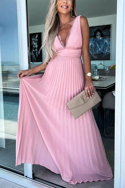 Elegant long dress with pleated V-neckline and lace detail