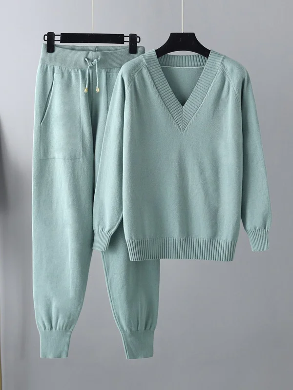 Delia Set: Comfortable Elegance with V-Neck Sweater and Harem Pants