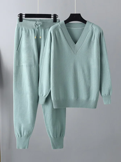 Delia Set: Comfortable Elegance with V-Neck Sweater and Harem Pants