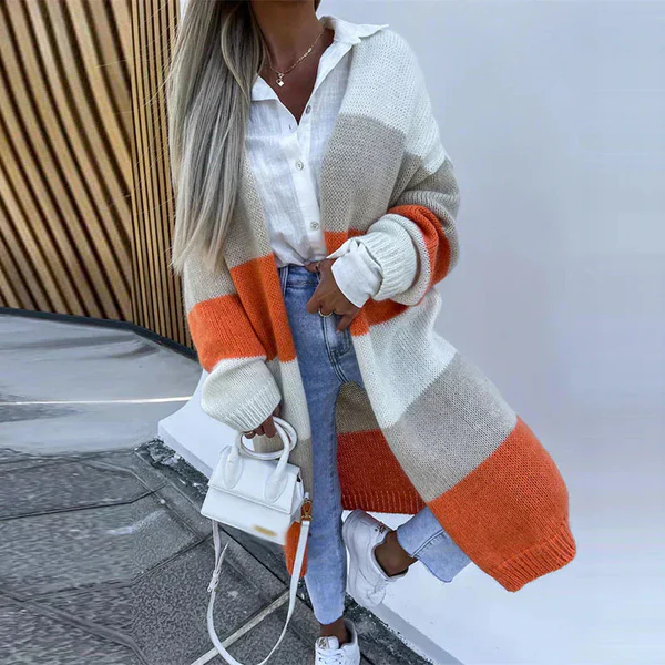 Relaxed and elegant tricolor striped cardigan
