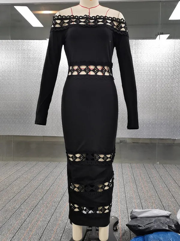 Fitted midi dress with long sleeves, openwork design and off-the-shoulder neckline for a sophisticated look