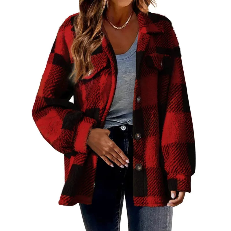 Women's Button-Down Plaid Jacket - Cozy and Modern Coat