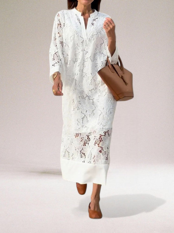 Elegant long dress with classic-inspired openwork details