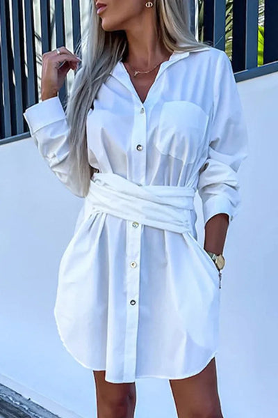 Daniela - Casual Simplicity Solid Pocket Shirt Kragen Shirt Kleid Kleider