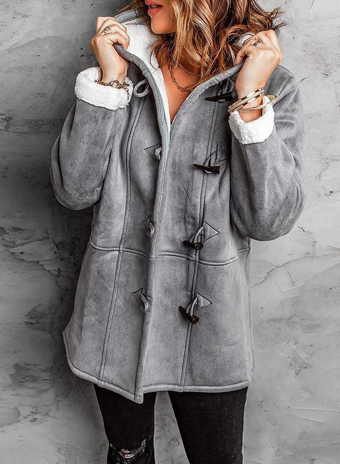 Hooded coat with decorative buttons for elegant women