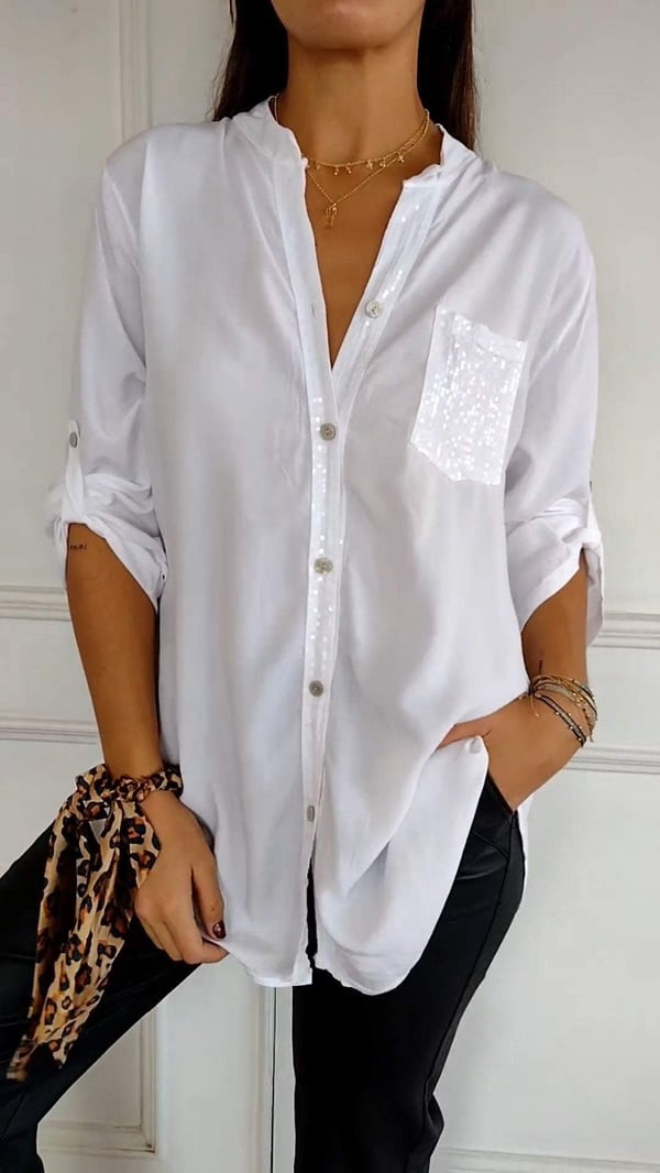 Malena - Cotton Leisure Top with V-Neck and Sequins and Mid-Length Sleeves