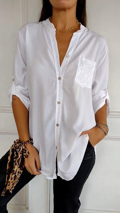 Malena - Cotton Leisure Top with V-Neck and Sequins and Mid-Length Sleeves