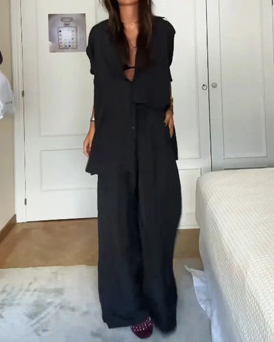Modern two-piece set for women with solid-colored shirt and pants