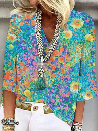 Diana - Women's 3/4 Sleeve V-Neck Abstract Floral Colorful Summer Blouse