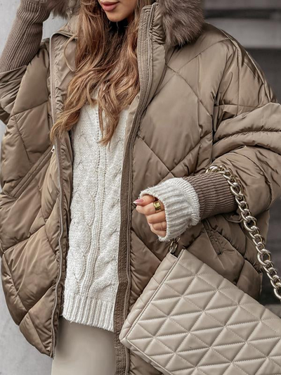 Women's Winter Hooded Zip-Up Jacket – Elegant Diamond Design