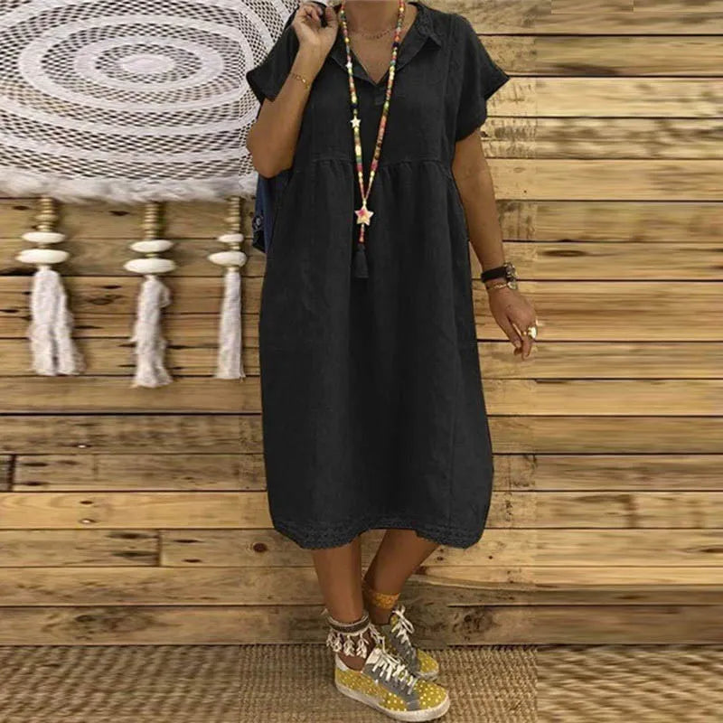 Laia - Women's Plus Size Cotton and Linen Short-Sleeved Midi Dress