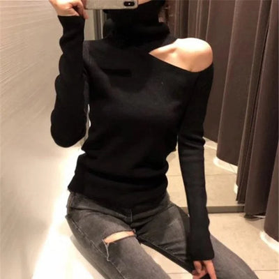 Elegant Off-the-Shoulder Knitted Sweater for Women – Long-Sleeved Turtleneck Pullover