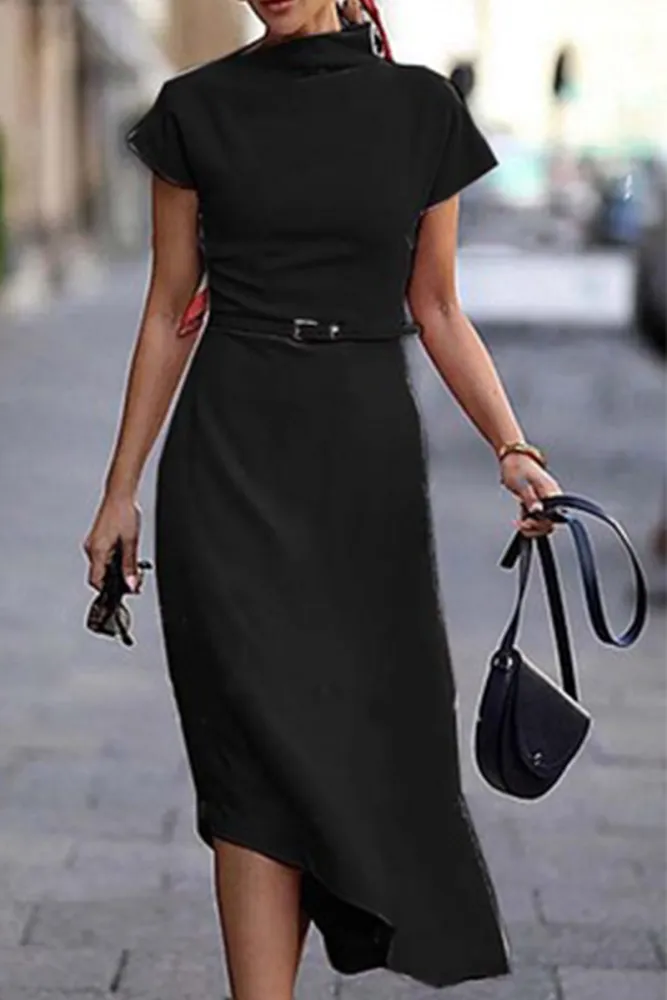 Lola - Solid Irregular High Neck Half Dress