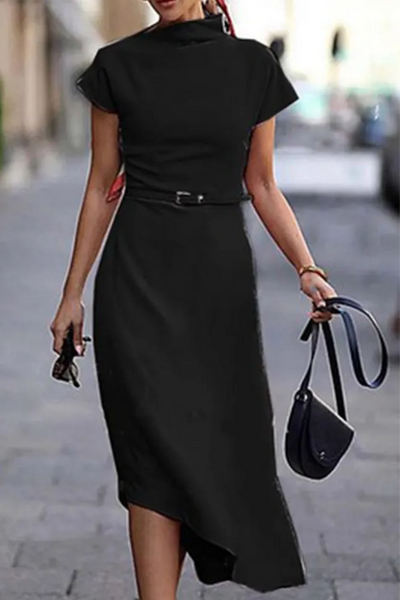 Lola - Solid Irregular High Neck Half Dress