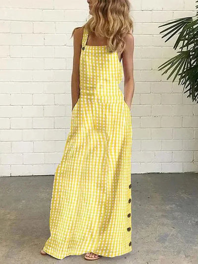 Marga - Women's Loose Sleeveless Button Down Plaid Pockets Long Dresses with Split Spaghetti Neckline
